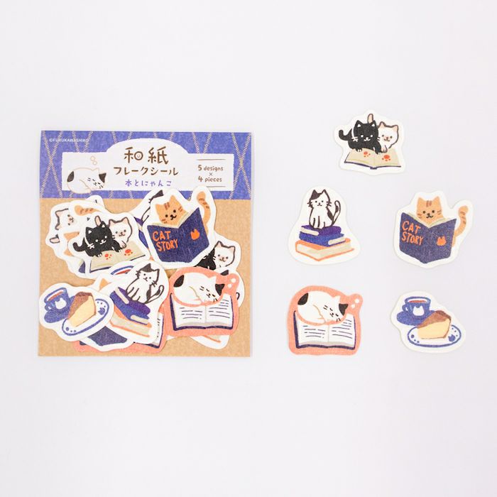 Furukawashiko Washi Flake Stickers - Book & Cat
