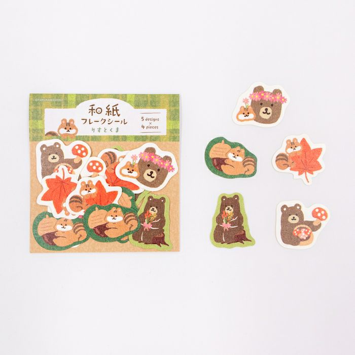 Furukawashiko Washi Flake Stickers - Squirrel & Bear