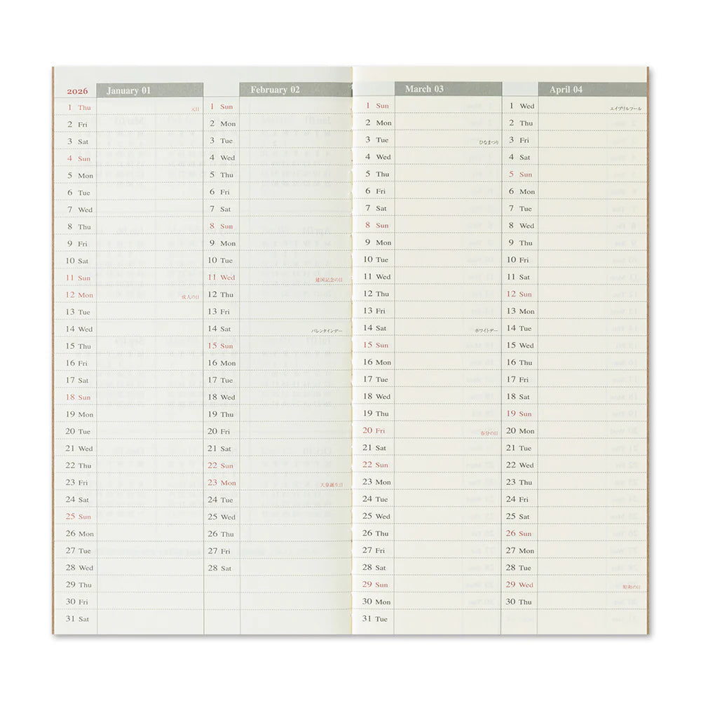 TRAVELER'S Regular Size Refill - 2026 Weekly Vertical