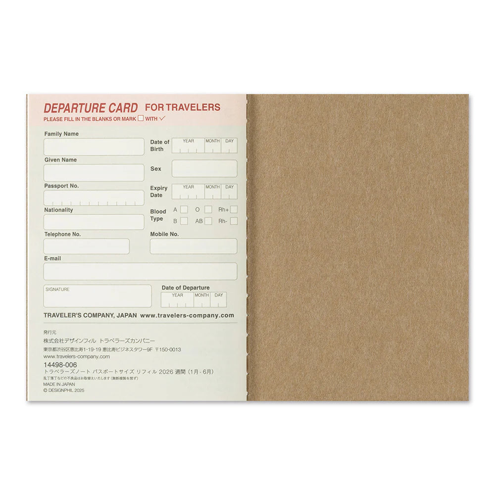 TRAVELER'S Passport Size Refill - 2026 Weekly