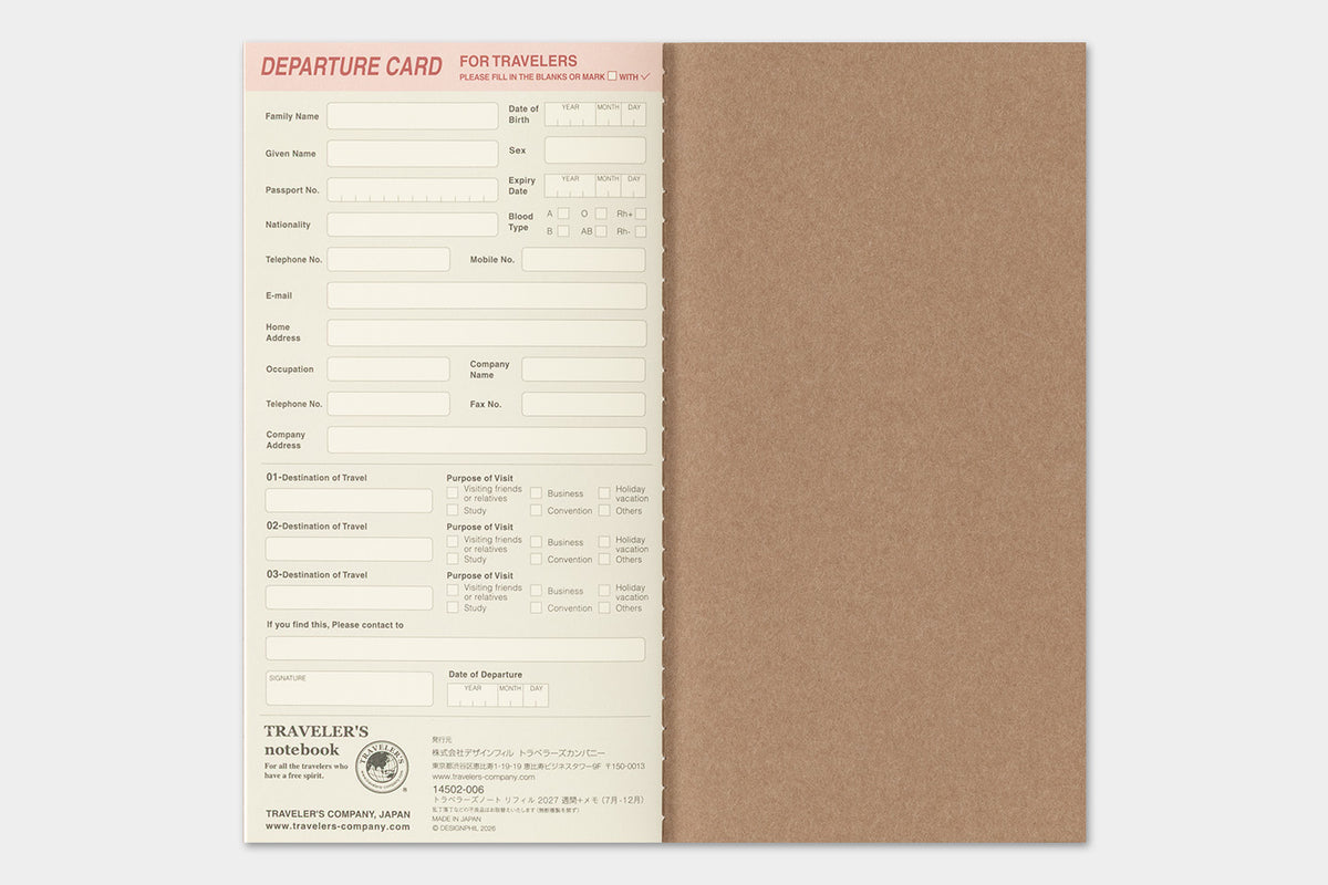 TRAVELER's Regular Size Refill - 2027 Weekly + Memo