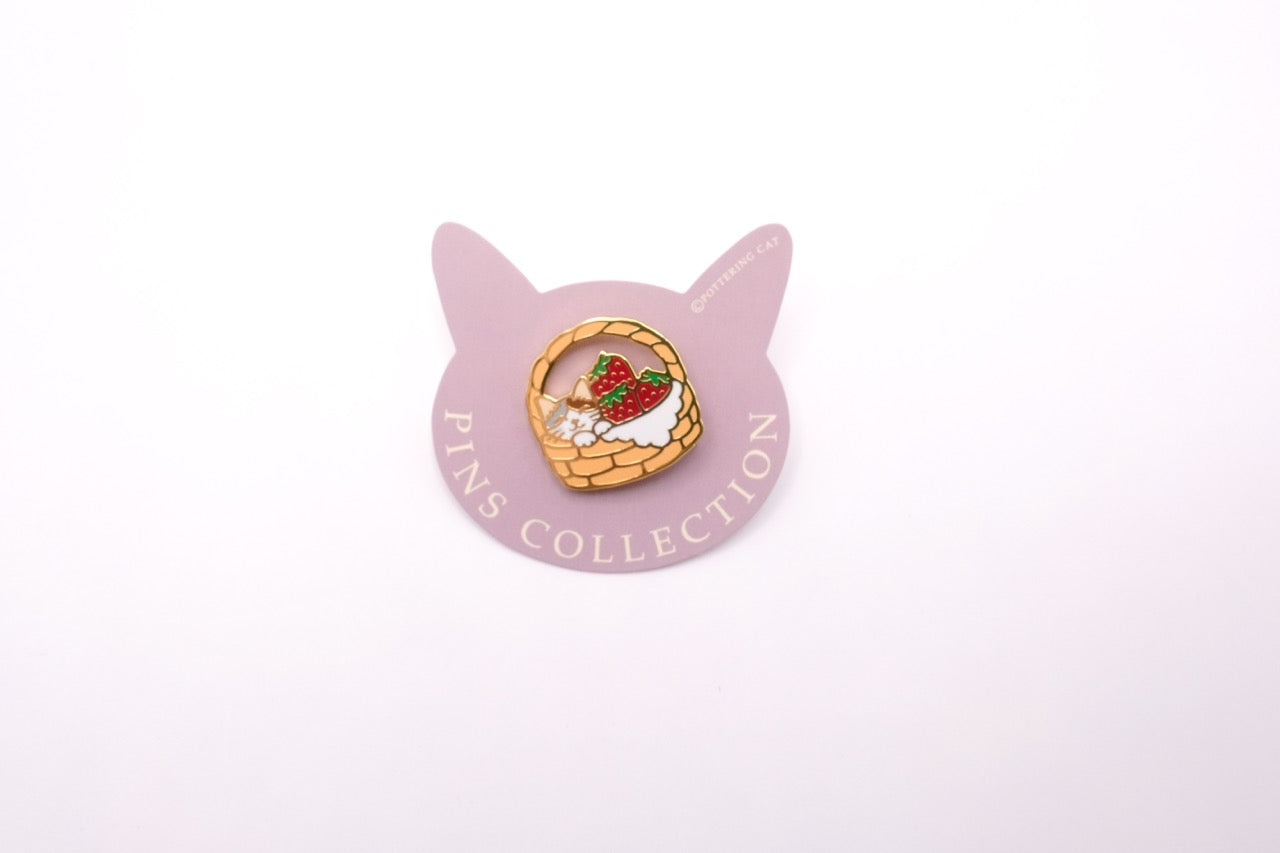 Pottering Cat - Enamel Pin - Strawberry Basket