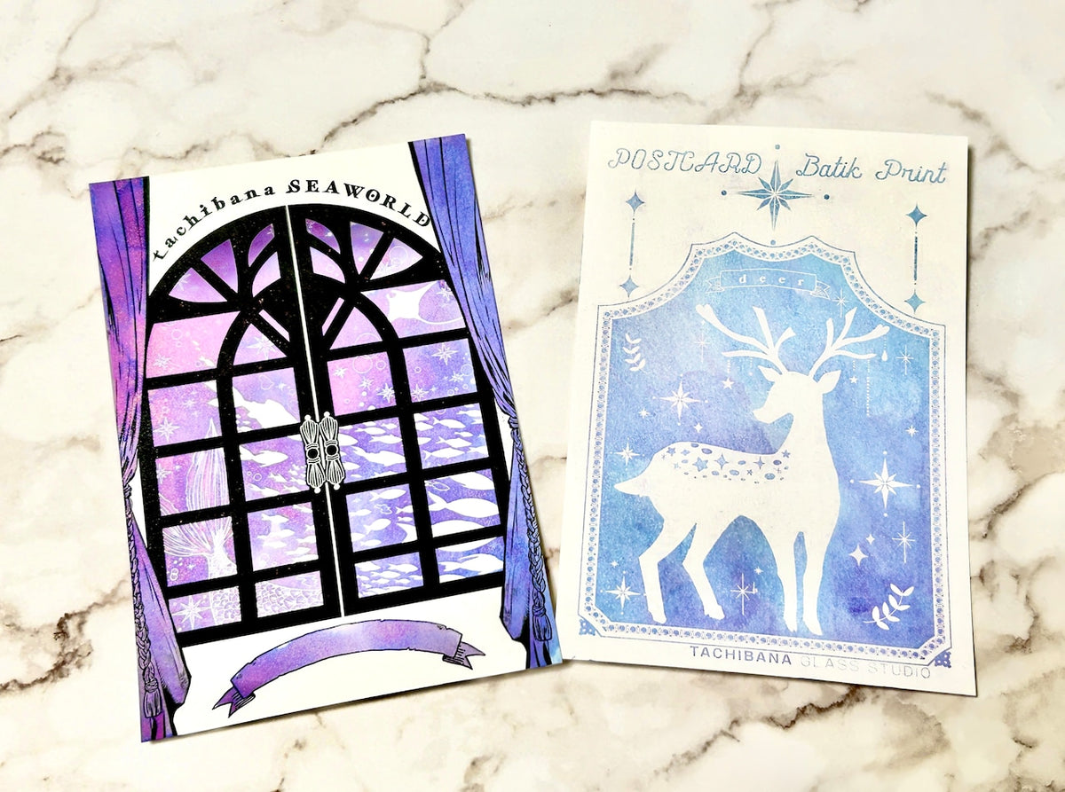 Tachibana Glass Studio - Batik Print Ink Card - Set of 7 - White Deer