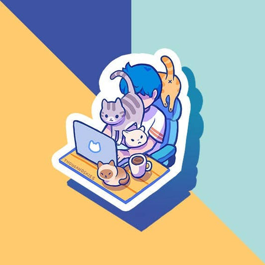 Thousand Skies - Vinyl Sticker - Working from Home with Cats