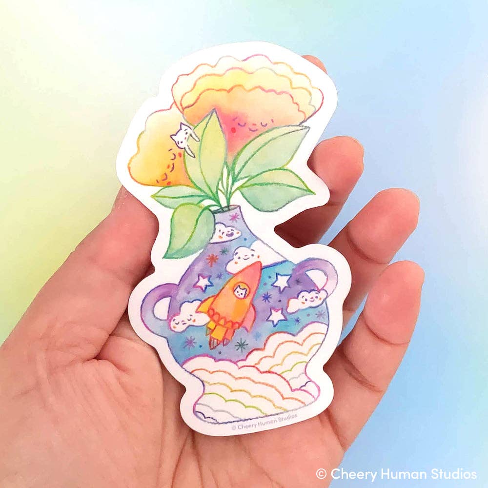 Cheery Human Studios - Vinyl Sticker - Tiny Worlds: Space Cat + Flowers