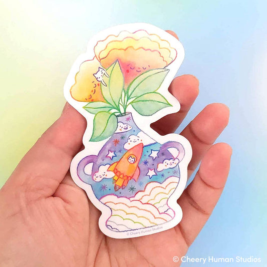Cheery Human Studios - Vinyl Sticker - Tiny Worlds: Space Cat + Flowers