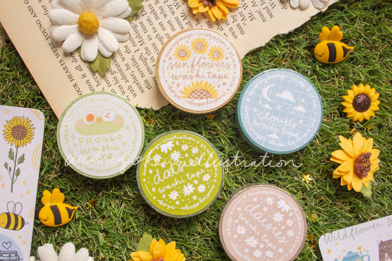 Okeya Stationery Co. - Spring Time & Froggy Washi Tape - Daisies Green