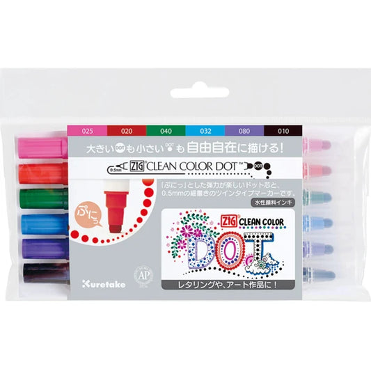 Kuretake - ZIG Clean Color Dot Marker - Dual Tips - 6 Color Set