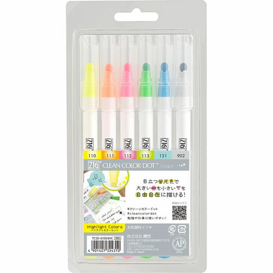 Kuretake - ZIG Clean Color Dot Marker - 6 Color Set - Highlight Colors