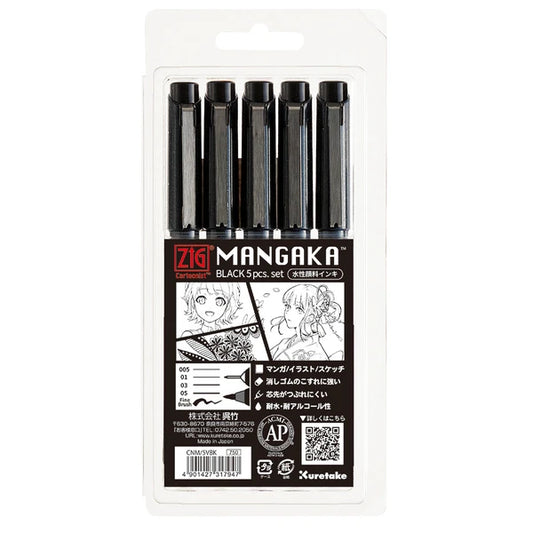 Kuretake - ZIG Cartoonist Mangaka Pen Set - 5 Tips - Black