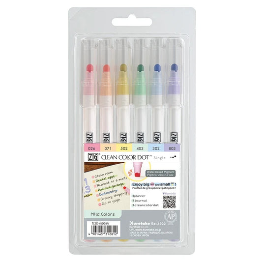 Kuretake - ZIG Clean Color Dot Marker - 6 Color Set - Mild Colors