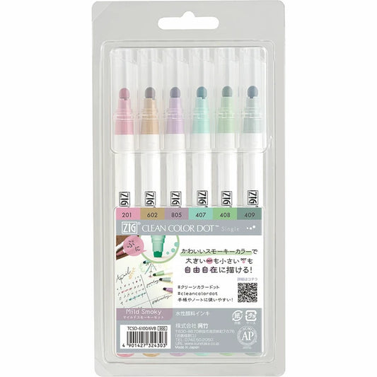 Kuretake - ZIG Clean Color Dot Marker - 6 Color Set - Mild Smoky Colors