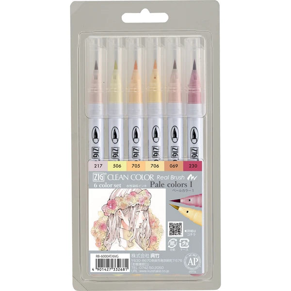 Kuretake - ZIG Clean Color Real Brush Pens - 6 Color Set - Pale Colors I