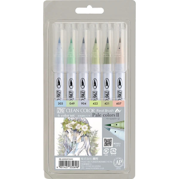 Kuretake - ZIG Clean Color Real Brush Pens - 6 Color Set - Pale Colors II