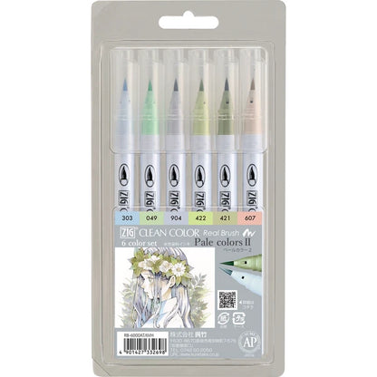 Kuretake - ZIG Clean Color Real Brush Pens - 6 Color Set - Pale Colors II