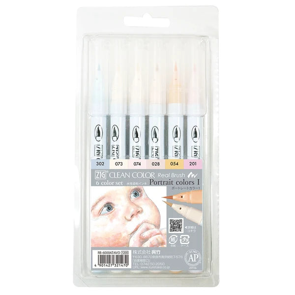 Kuretake - ZIG Clean Color Real Brush Pens - 6 Color Set - Portrait Colors I