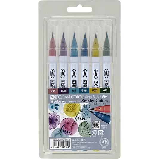 Kuretake - ZIG Clean Color Real Brush Pens - 6 Color Set - Smoky Colors