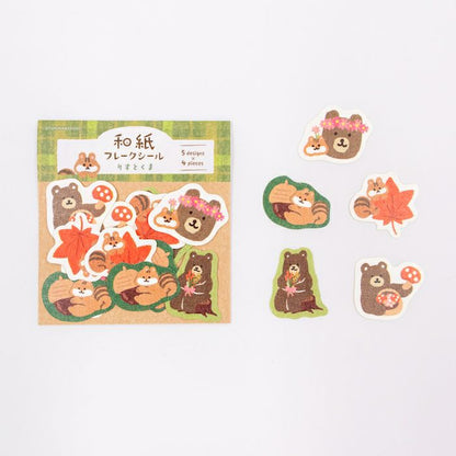 Furukawashiko Washi Flake Stickers - Squirrel & Bear