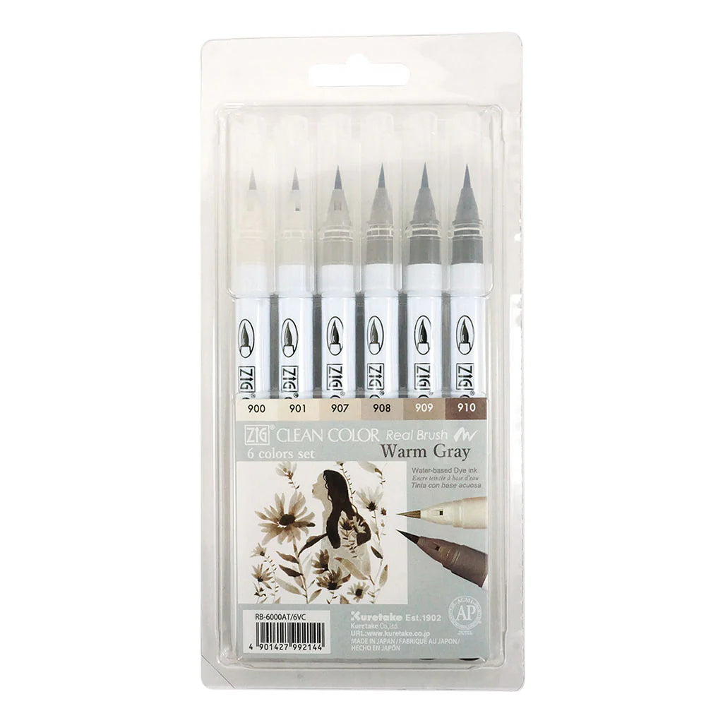 Kuretake - ZIG Clean Color Real Brush Pens - 6 Color Set - Warm Gray