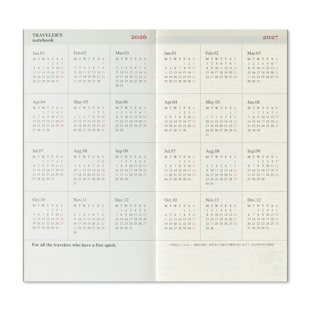 TRAVELER'S Regular Size Refill - 2026 Weekly + Memo