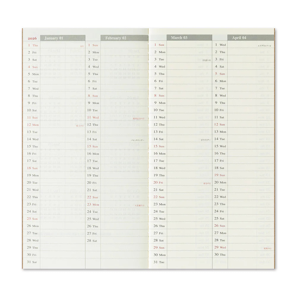 TRAVELER'S Regular Size Refill - 2026 Weekly + Memo