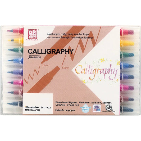 Kuretake - ZIG Memory System Dual Tip Calligraphy Marker - 8 Color Set